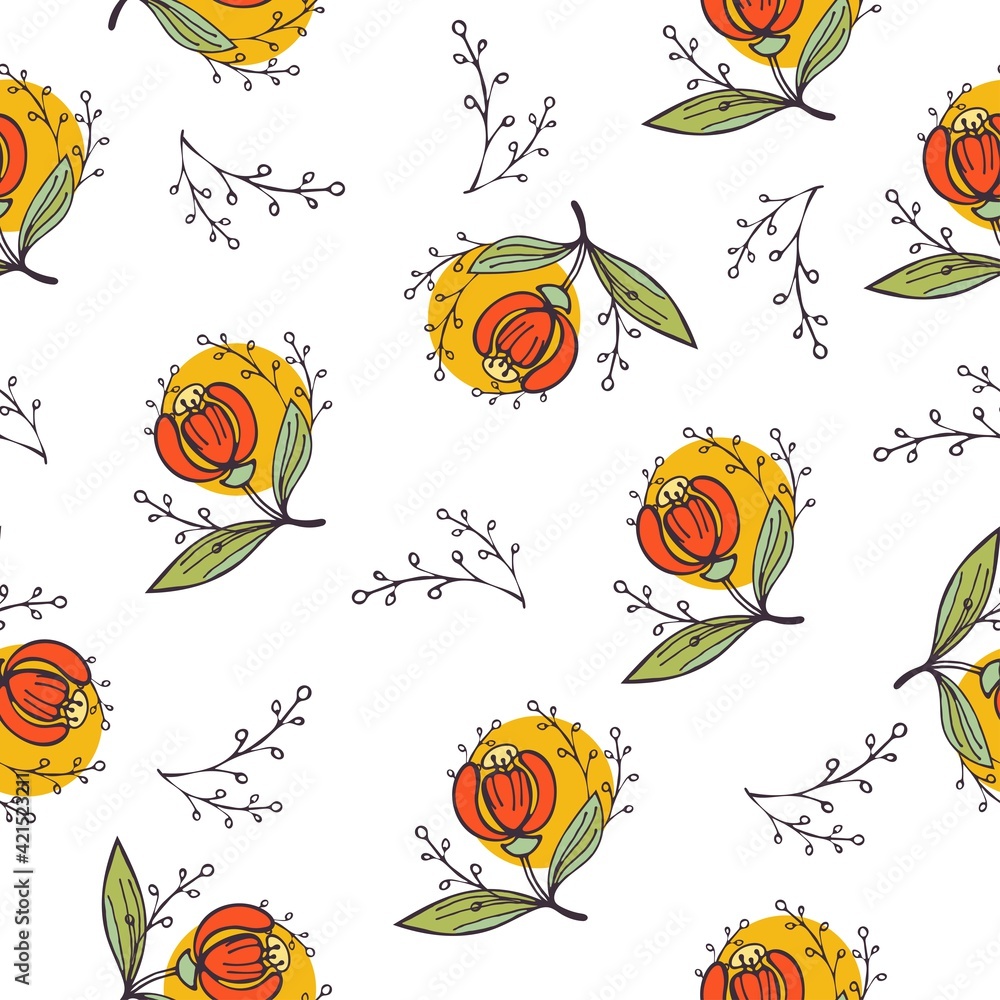 Fototapeta premium Seamless floral vector pattern with branches. Red blooming buds and green leaves on orange spots. Delicate and cheerful pattern for textiles, dresses, clothes, wrapping paper.
