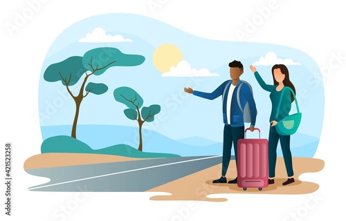Hitchhiking couple is trying to stop a car.