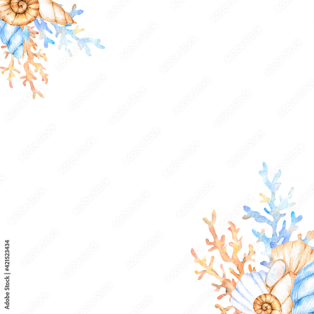 Frame with watercolor marine elements of seashells, corals and starfish in blue-beige tones. Great for cards, posters, coupons, baby products, decorative paper, and any design.