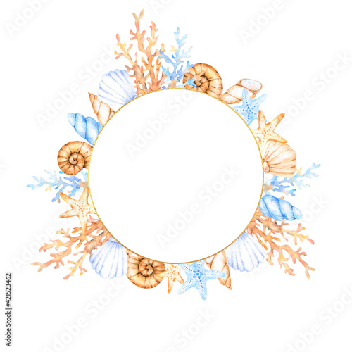 Round frame with watercolor marine elements of seashells  corals and starfishes in blue and beige colors. Great for cards  posters  coupons  baby products  decorative paper  and any design.