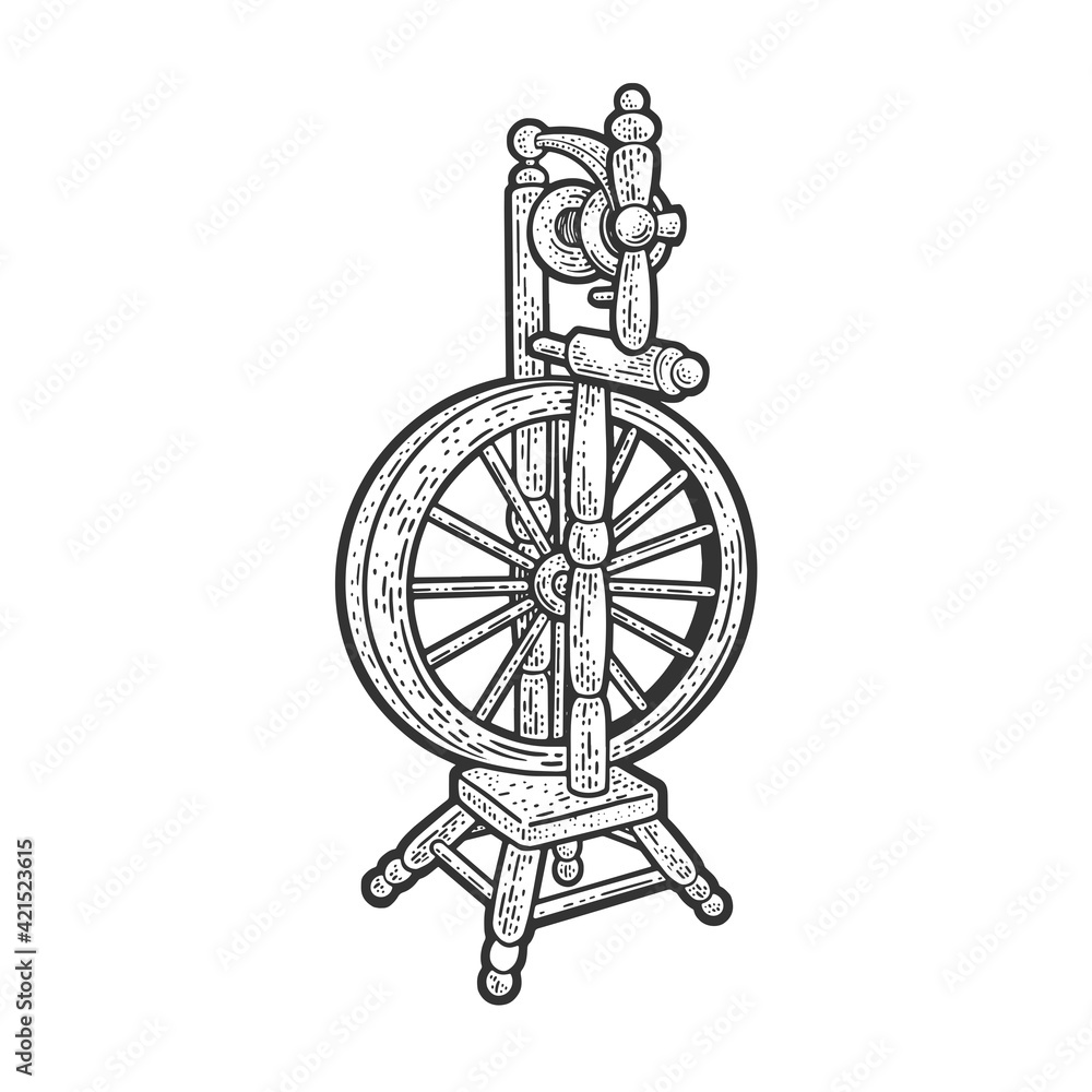 Fototapeta premium Spinning wheel sketch engraving vector illustration. T-shirt apparel print design. Scratch board imitation. Black and white hand drawn image.
