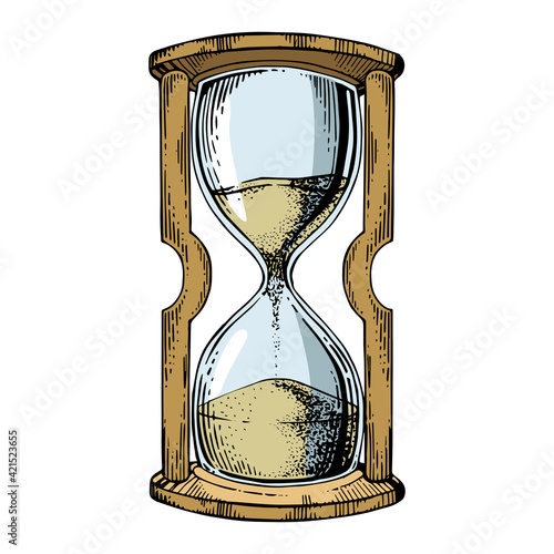 Sand watch glass color sketch engraving vector illustration. Scratch board style imitation. Black and white hand drawn image.