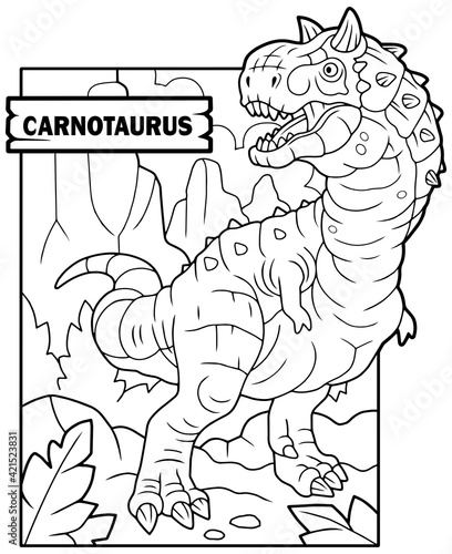 prehistoric dinosaur carnotaurus, coloring book, funny illustration