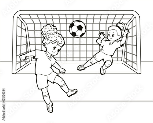 Coloring book: Teenage girls play soccer with their heads hitting a soccer ball into the goal. Vector illustration in cartoon style, isolated black and white line art.