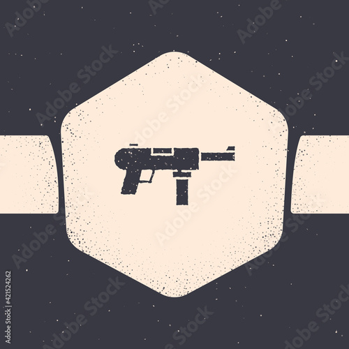 Grunge Submachine gun M3, Grease gun icon isolated on grey background. Monochrome vintage drawing. Vector