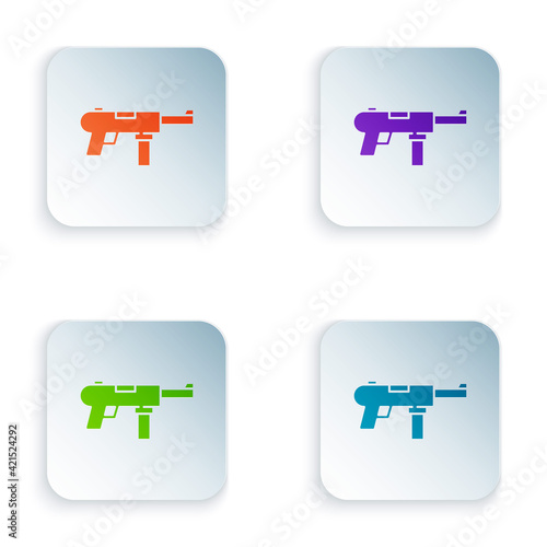 Color Submachine gun M3, Grease gun icon isolated on white background. Set colorful icons in square buttons. Vector