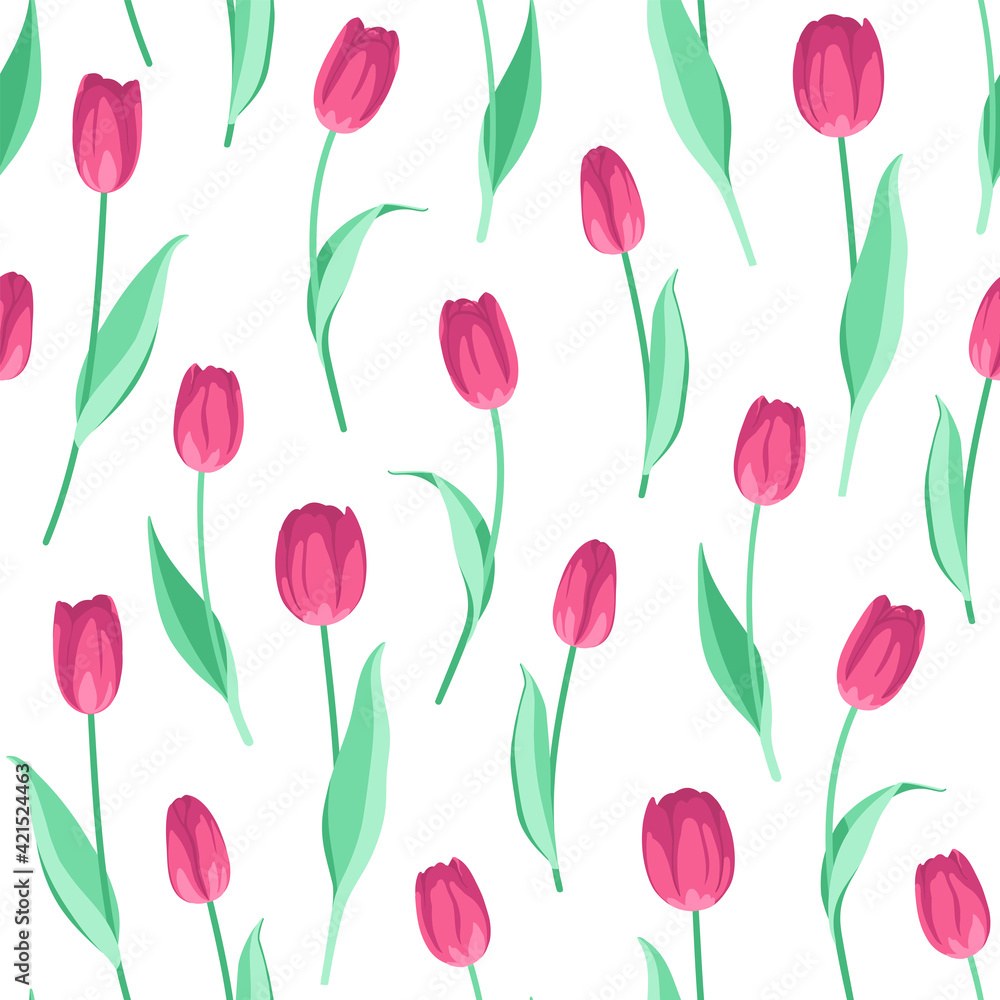Vector seamless pattern with pink tulips on a white background. Spring floral design for fabric, textile, wallpaper.