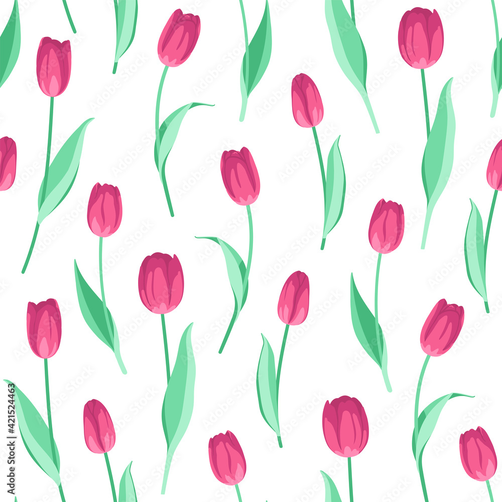 Vector seamless pattern with pink tulips on a white background. Spring floral design for fabric, textile, wallpaper. Vector seamless pattern with pink tulips on a white background. Spring floral design for fabric, textile, wallpaper.