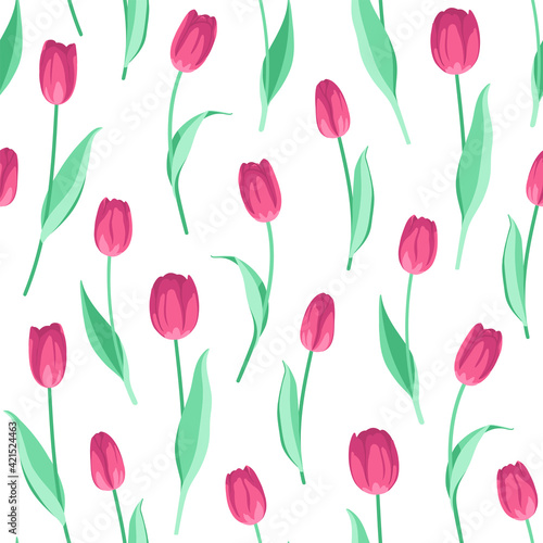 Vector seamless pattern with pink tulips on a white background. Spring floral design for fabric  textile  wallpaper.