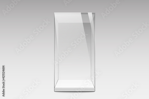 Realistic glass showcase. Empty glass box template.