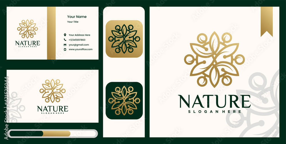 Set creative nature, beauty, flower leaf logo template in gold color with business card look Set creative nature, beauty, flower leaf logo template in gold color with business card look