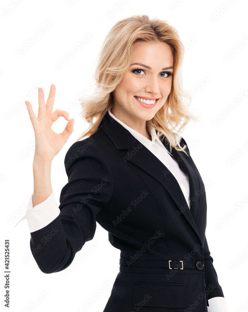 Happy smiling beautiful young businesswoman showing okay hand sign gesture, isolated over white background. Portrait of confident business woman at studio. Happy smiling beautiful young businesswoman showing okay hand sign gesture, isolated over white background. Portrait of confident business woman at studio.