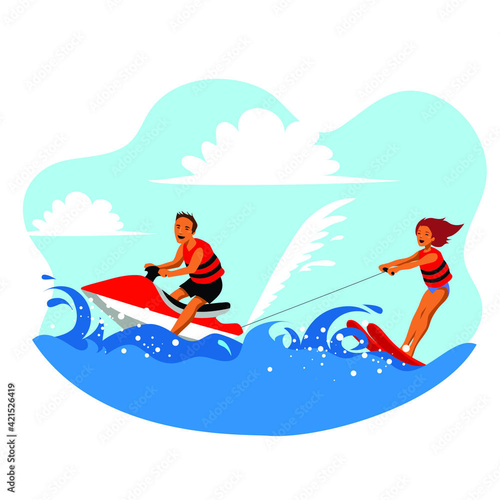 Illustration vector graphic of couple riding jetski in sea or ocean with summer wave