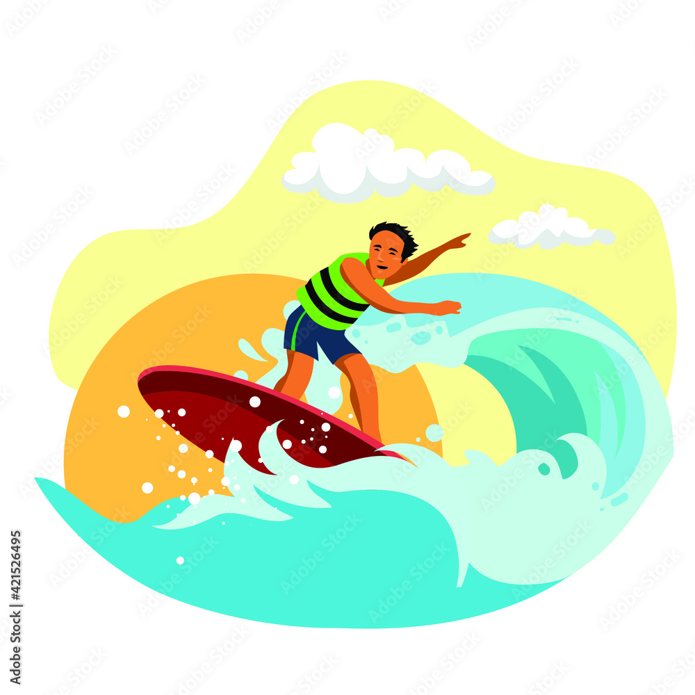 Illustration man surfing in sea or ocean with summer wave