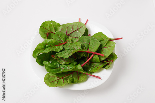 Obraz na plátně Some chard leaves or mangold in white plate on a white background