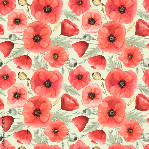 Red poppies seamless pattern on light green background. Watercolor illustration, sketch style. For fabric, wrapping paper and other design projects. Perfect for dresses and dining decor.