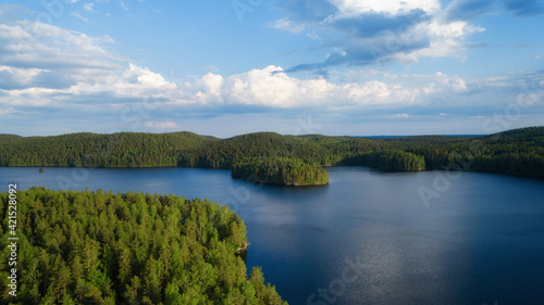 Breathtaking Aerial Panorama of Scandinavian green pine tree forest and blue lake with small island.