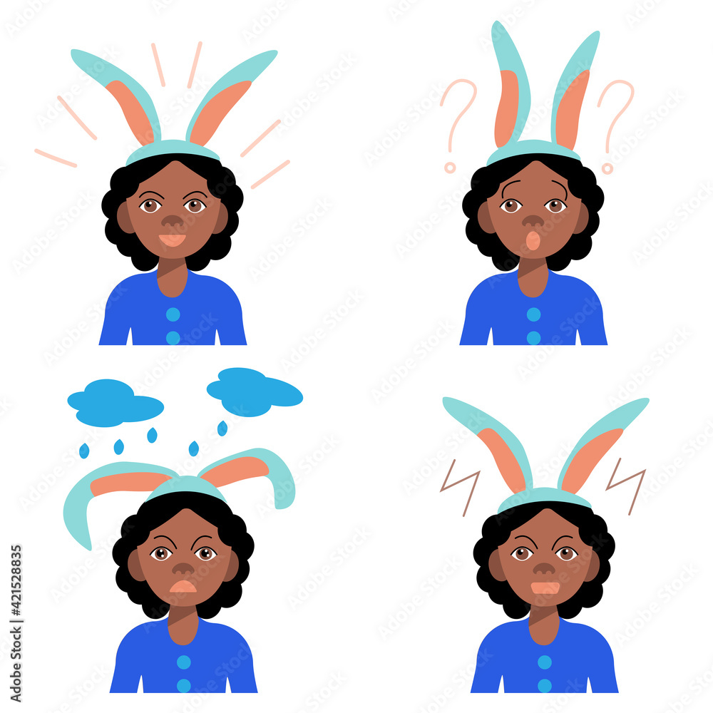 Cute little African American girl with bunny ears. girlish emotions. A set of emotions of a girl. Joy, sadness, anger, surprise. Vector illustration in cartoon flat style. Easter characters. Cute little African American girl with bunny ears. girlish emotions. A set of emotions of a girl. Joy, sadness, anger, surprise. Vector illustration in cartoon flat style. Easter characters.