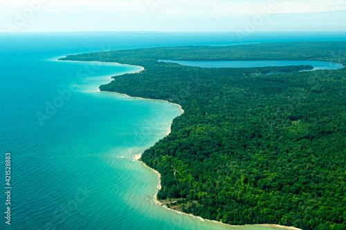 Aerial view of the coast of Beaver Island, Michigan, an island located in Lake Michigan.