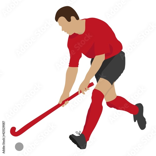 Field hockey player with ball and stick in game. Sport vector illustration