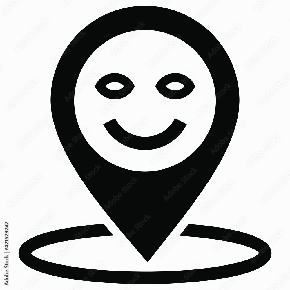 Location and emoticon icon. Review of the place. Point of GPS. Positive emoticon. Vector icon. Location and emoticon icon. Review of the place. Point of GPS. Positive emoticon. Vector icon.