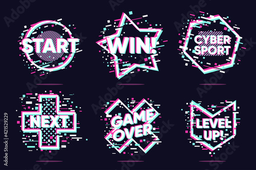 Video game vector icons. Glitch style lable set. Cyberpunk vector elements. Hologram UI