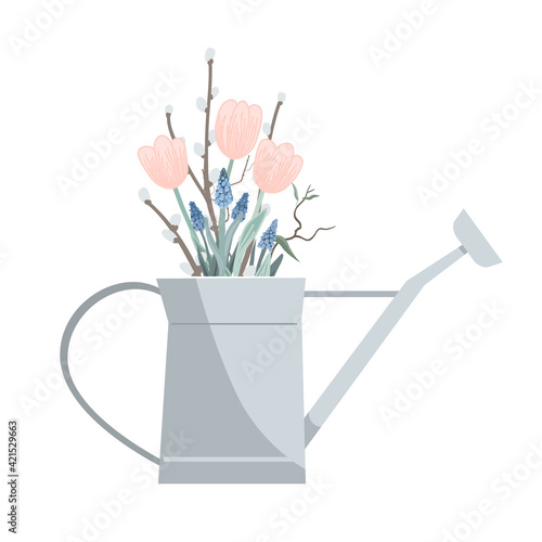 Watering can with doodle spring flowers and pussy willow branches. Vector illustration isolated on white.