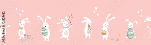 Cute hand drawn Easter seamless pattern with Bunnies and Easter decoration, Egg hunt, cute poses, great for textiles, banners, wallpapers, prints - vector design