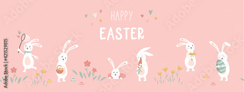 Cute hand drawn Easter seamless pattern with Bunnies and Easter decoration, Egg hunt, cute poses, great for textiles, banners, wallpapers, prints - vector design