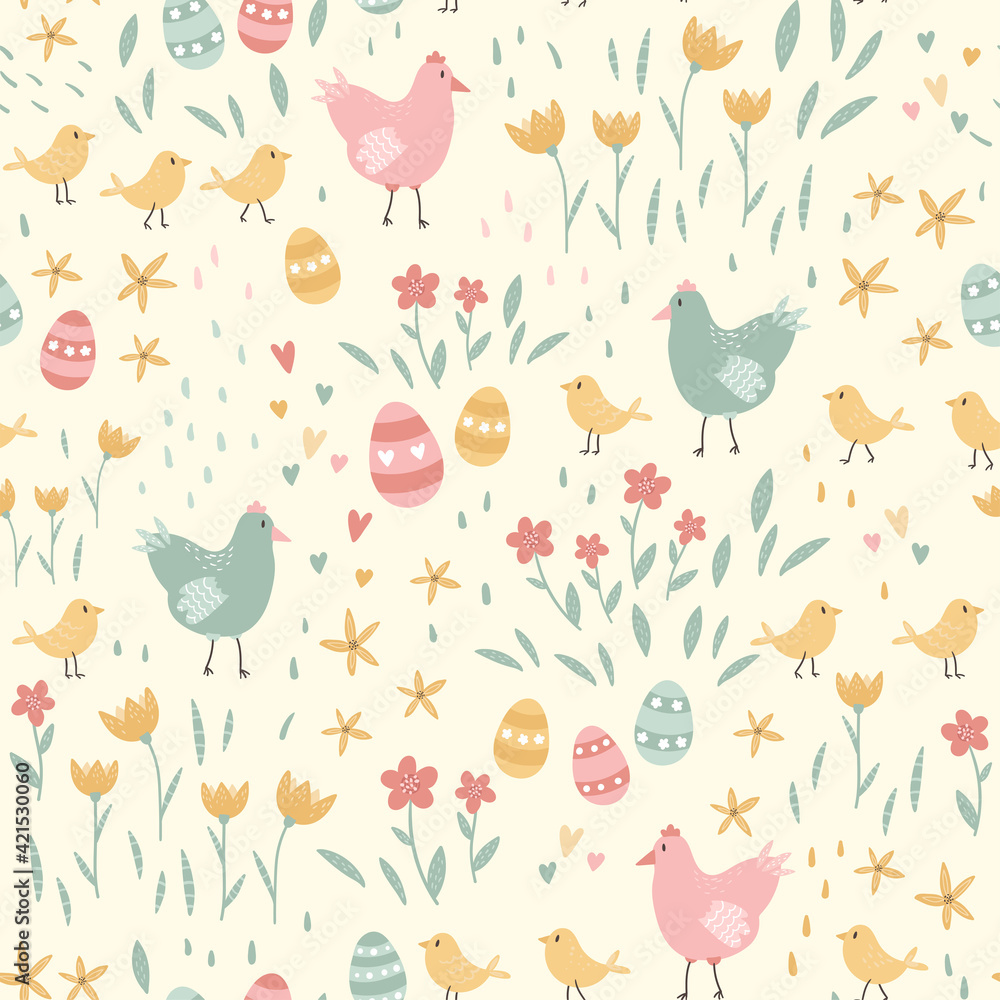 Lovely hand drawn Easter seamless pattern, cute Easter decorations, flowers and eggs, great for textiles, banners, wallpapers, wrapping - vector design