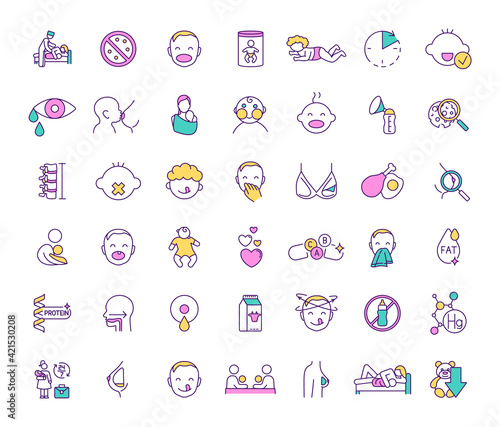 Breastfeeding and baby food RGB color icons set. Feeding method. Milestones. Prenatal education providing. Maternal bond. Breastmilk substitutes. Baby cues. Infancy. Isolated vector illustrations