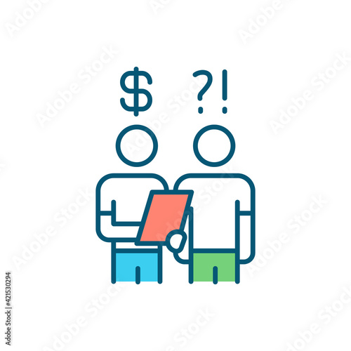 Debt collector RGB color icon. Pursuing debts payments. Recovering owed money. Credit bureaus. Payment obligations. Contact with delinquent customer. Credit reports. Isolated vector illustration