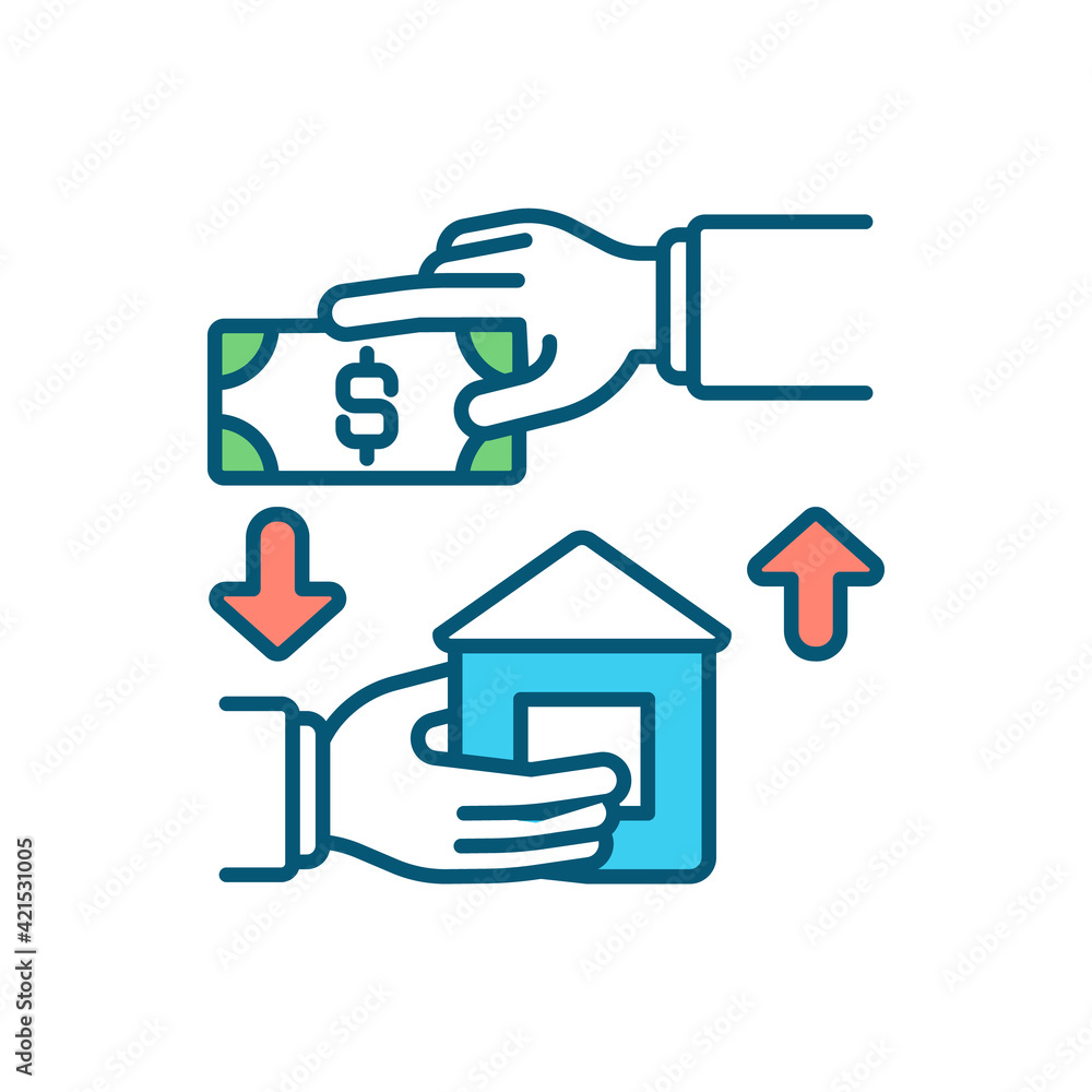 Lien on house RGB color icon. Rental income. Claim on residential property. Apartment renting. Legal arrangement. Homeowner unpaid bills. Paying flat rental amount. Isolated vector illustration Lien on house RGB color icon. Rental income. Claim on residential property. Apartment renting. Legal arrangement. Homeowner unpaid bills. Paying flat rental amount. Isolated vector illustration