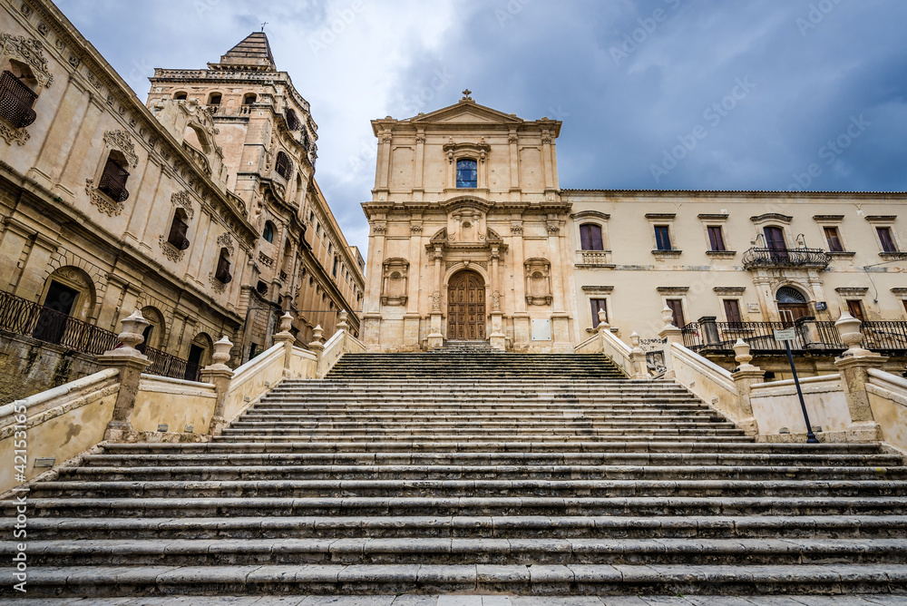Frontage of St Francis of Assisi church in historic part of Noto city, Sicily in Italy