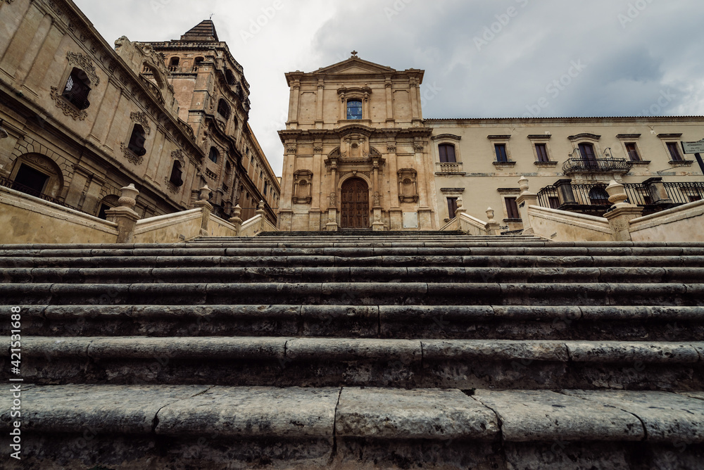 Stairs in front of St Francis of Assisi church in historic part of Noto city, Sicily in Italy