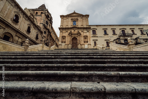 Stairs in front of St Francis of Assisi church in historic part of Noto city, Sicily in Italy photo