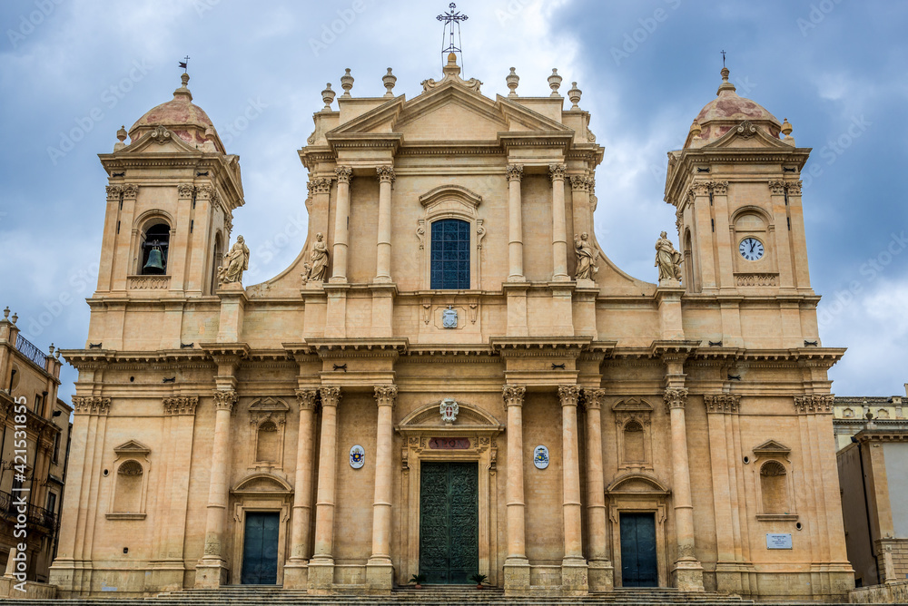 Facade of Roman Catholic cathedral in historic part of Noto city, Sicily in Italy