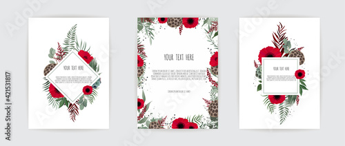 Floral Wedding Invitation. Botanical card vector Design garden pink, peach Rose flower, anemones ,green Eucalyptus, tender greenery