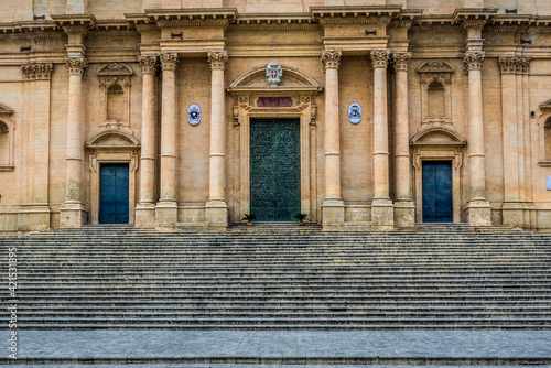 Details of facade of Roman Catholic cathedral in historic part of Noto city, Sicily in Italy photo