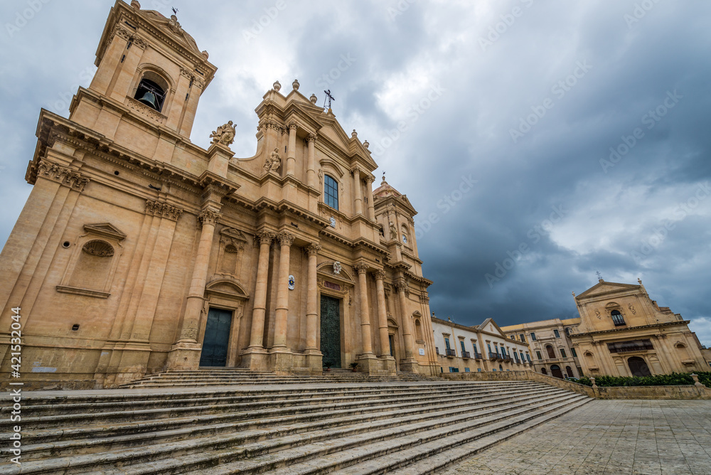 Exterior of Roman Catholic cathedral in old part of Noto city, Sicily in Italy