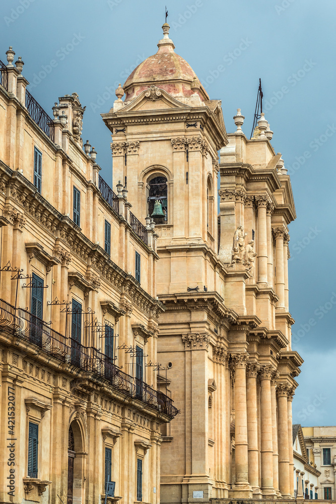 Landolina Palace and Noto Cathedral in historic part of Noto city, Sicily in Italy