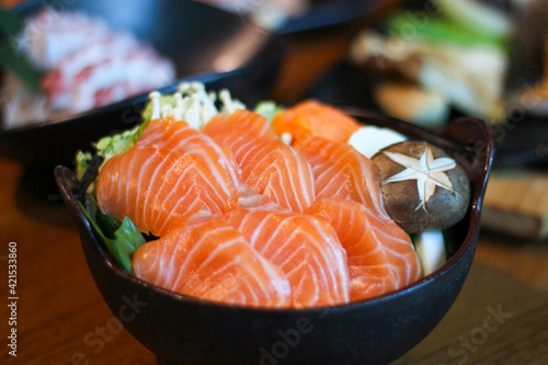 Japanese Menu - Salmon Sashimi served with wasabi and lemon