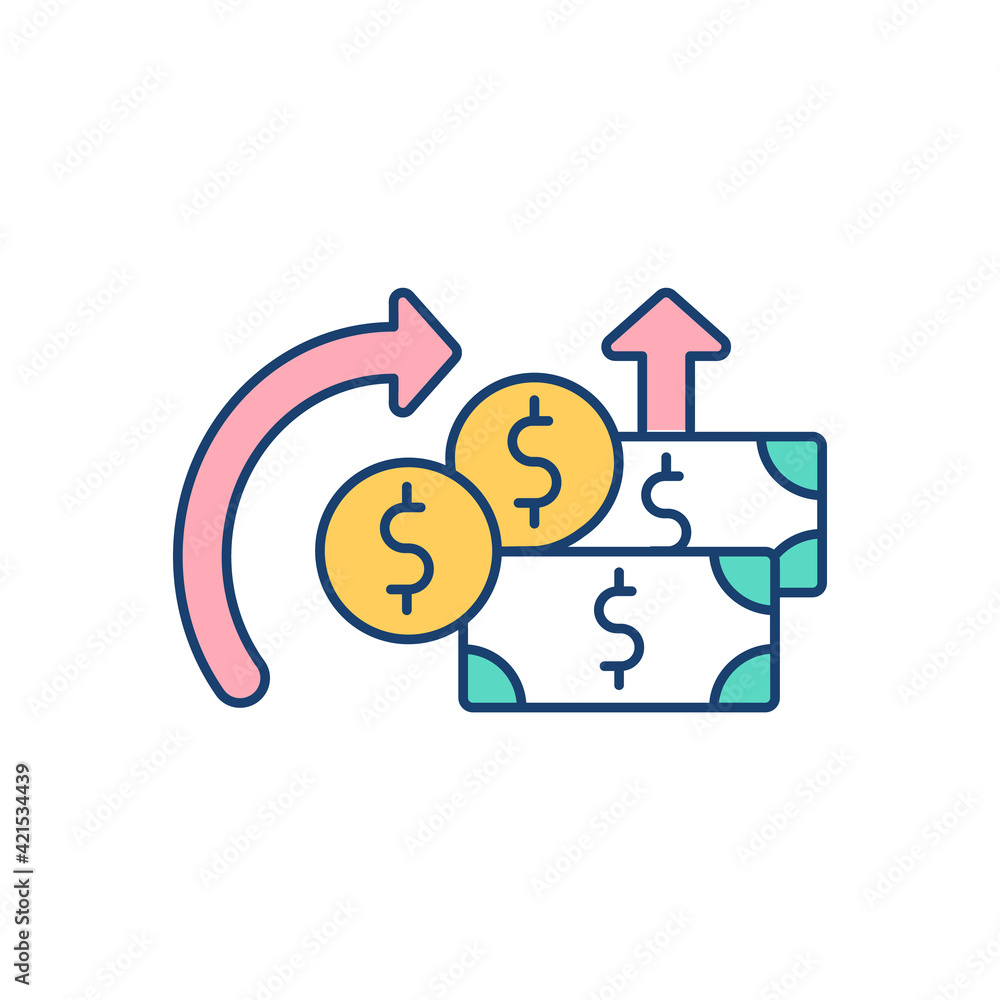 Money circulation RGB color icon. Depositing and withdrawing money. Monetary economics. Banknotes and coins. Account balances. Transactions between consumer and business. Isolated vector illustration Money circulation RGB color icon. Depositing and withdrawing money. Monetary economics. Banknotes and coins. Account balances. Transactions between consumer and business. Isolated vector illustration
