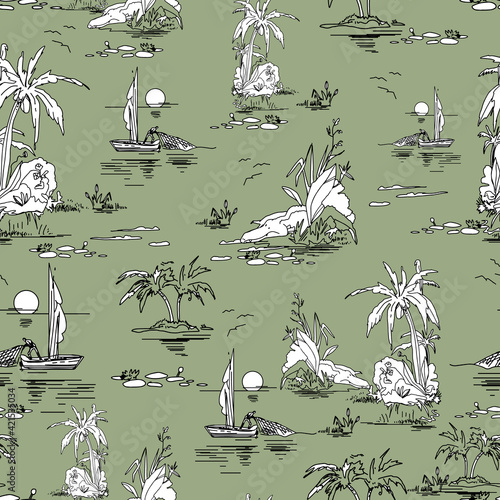 Beautiful seamless island pattern on green background. Landscape with palm trees, beach and ocean vector hand drawn style.