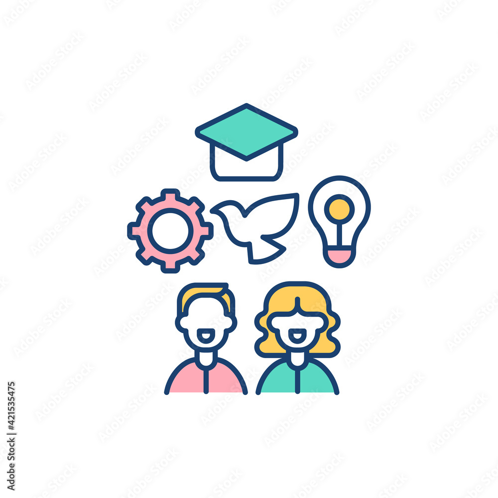 Human rights and freedoms RGB color icon. Equality and freedom. International law. Human qualities development. Civil, social and social rights. Justice and peace. Isolated vector illustration Human rights and freedoms RGB color icon. Equality and freedom. International law. Human qualities development. Civil, social and social rights. Justice and peace. Isolated vector illustration