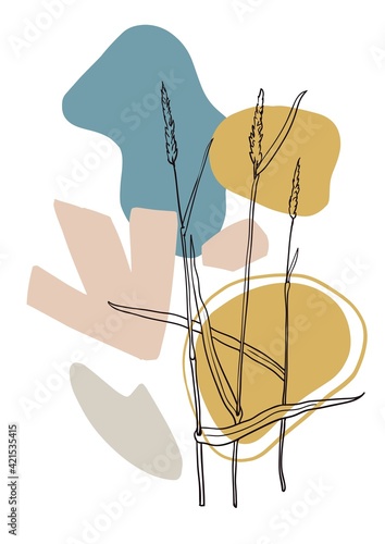 Poster in eigentijdse minimalistische boho-stijl met geometrische abstracte vormen en silhouetten van plantencontouren.