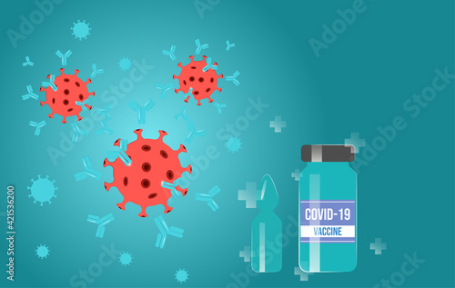 It's time to get vaccinated. Immunization campaign. Bottles with vaccine, virus and antibodies. Medical treatment. Flat vector illustration.