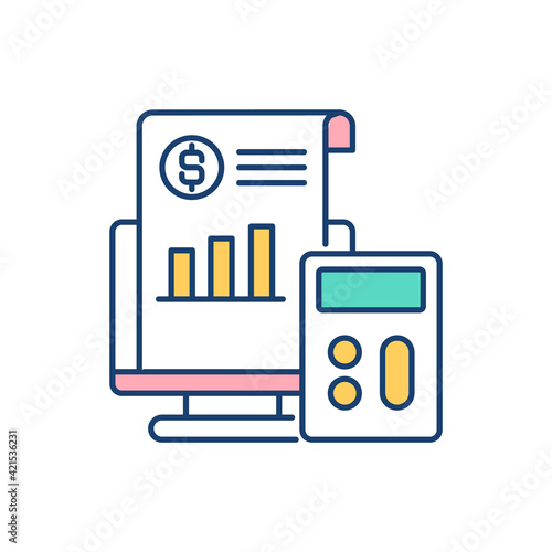 Business market value determination RGB color icon. Company analysis. Calculated valuation. Measuring total profits. Earning value. Business income. Property evaluation. Isolated vector illustration
