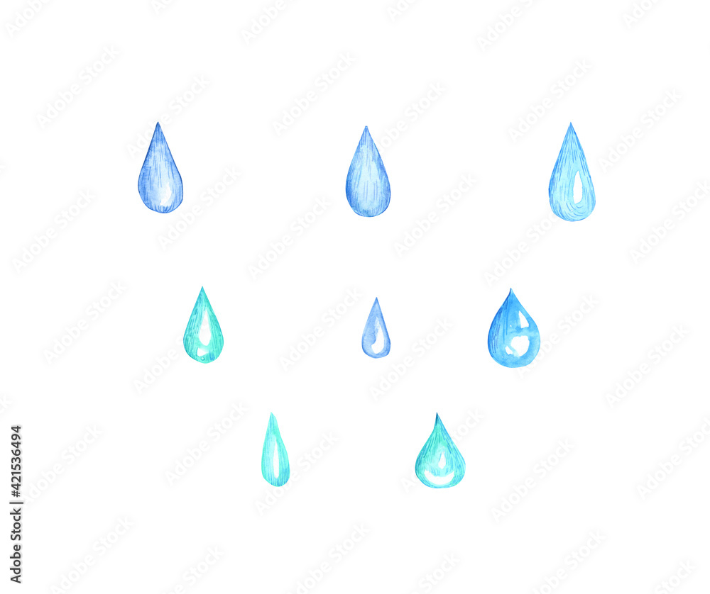 Watercolor collection of blue droplets isolated on a white background. A drop. Cartoon rain. Hand drawing. Illustration Watercolor collection of blue droplets isolated on a white background. A drop. Cartoon rain. Hand drawing. Illustration