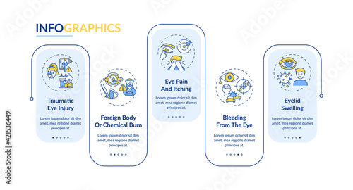 Emergency eye exam reasons vector infographic template. Chemical burn presentation design elements. Data visualization with 5 steps. Process timeline chart. Workflow layout with linear icons